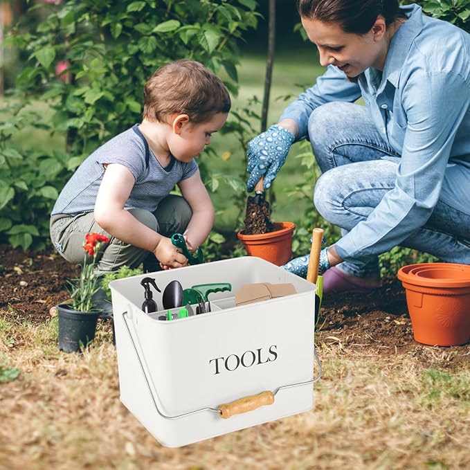 Metal Garden Tool Caddy, 3 Compartments Garden Tool Organizer with Handle, Garden Tool Box for Indoor and Outdoor, Gardening Tool Kit Holder Empty, Gardening Supplies, Gardener Gift (White)