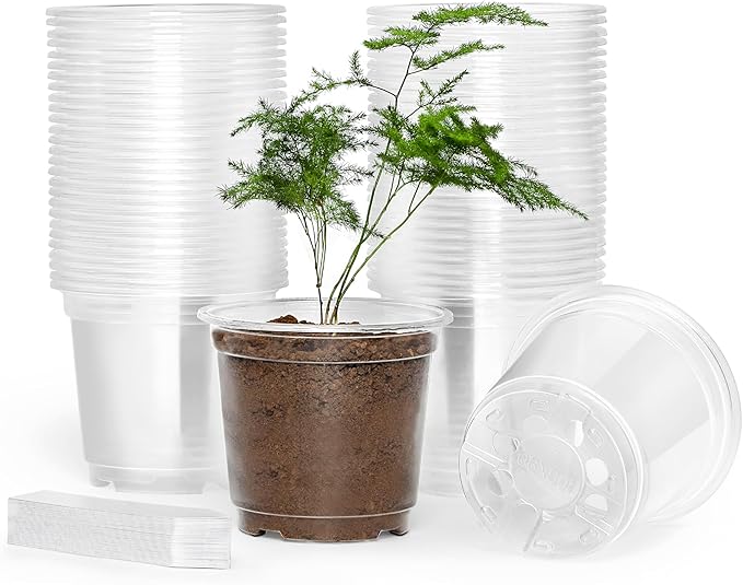 60 Pack 4 Inch Clear Nursery Pots with Drainage Holes, Transparent Plastic Pots for Plants, Reinforced Seed Starter Pots Garden Pots Flower Pots Come with 50pcs Plant Labels