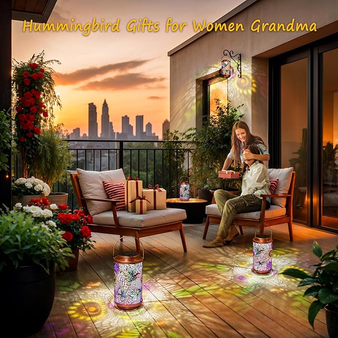 2Pack Solar Lanterns Outdoor Waterproof Hummingbird Gardening Gifts for Women, Multicolor Solar Lights Patio Lantern for Backyard Garden Decor, Porch, Outside, Mothers' Day Gifts for Mom Grandma