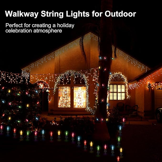 Christmas Pathway Lights Outdoor 29ft, 25 Packs C9 Christmas Walkway Lights with Stakes for Outside, Multicolor Xmas Pathway Lights for Christmas Outdoor Decorations