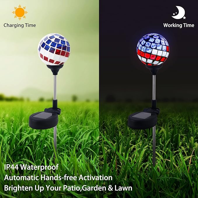 WNP Solar Powered Outdoor Garden Light Stakes Decoration,Mosaic Globe 4th of July Stake Solar Light Garden Decor,Solar Glow Glass Ball Lights Waterproof Decor Light for Patio Pathway,Yard