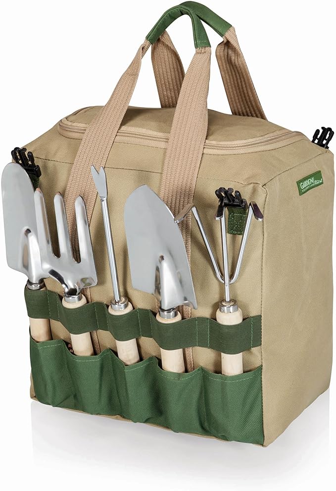 PICNIC TIME Disney Winnie The Pooh Gardener Folding Seat with Tools, Folding Chair Seat with GardenTools Set Organizer, (Olive Green with Beige Accents)