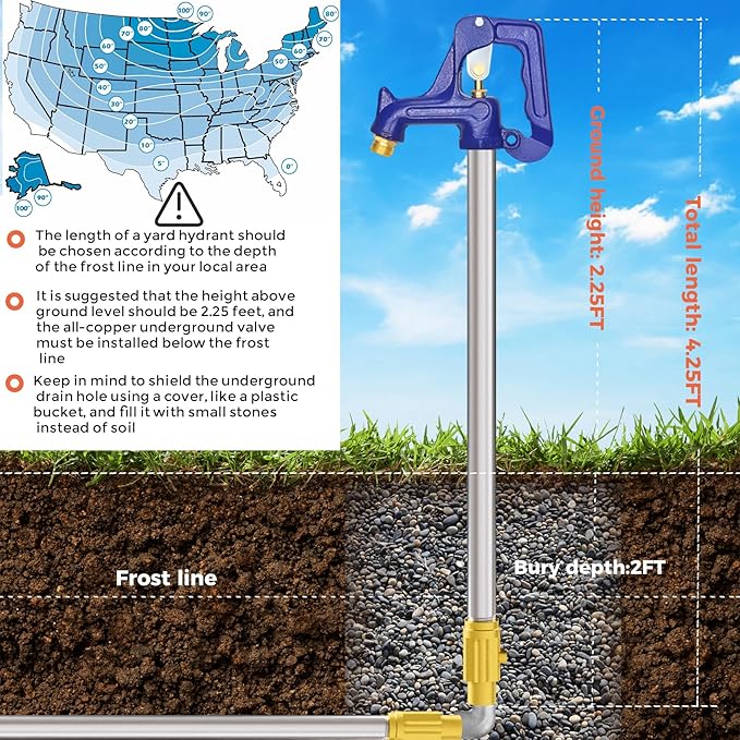 Frost Proof Yard Hydrant,4.25ft Frost Free Outdoor Faucet,Freeze Proof Outdoor Faucet 3/4" Pipe Connection,Frost Free Hydrant for Yard Garden Farm Pasture Irrigation,24" Bury Depth No Lead Hydrant