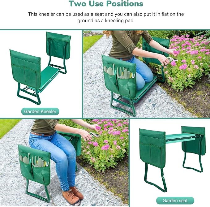 iPower 2024 Upgraded Garden Kneeler and Seat, with Sturdy Soft EVA Foam Pad, 2 Tool Pouch, Hold 330lb, Portable Foldable Kneeling Bench, for Gardening, Fishing, Camping, Green