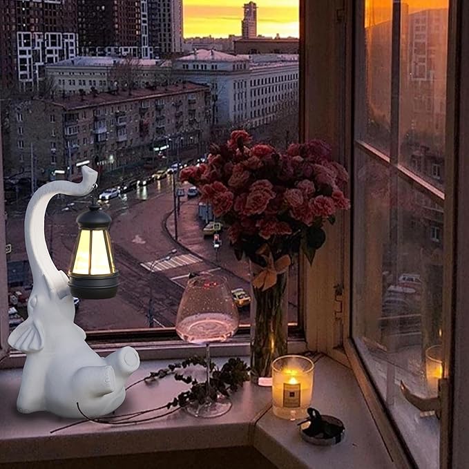 Statue Decoration, Figurine, Lawn Statue, Sculpture Ornament, Animal Figurine - Elephant Resin Statue with Lantern (Face Upward)