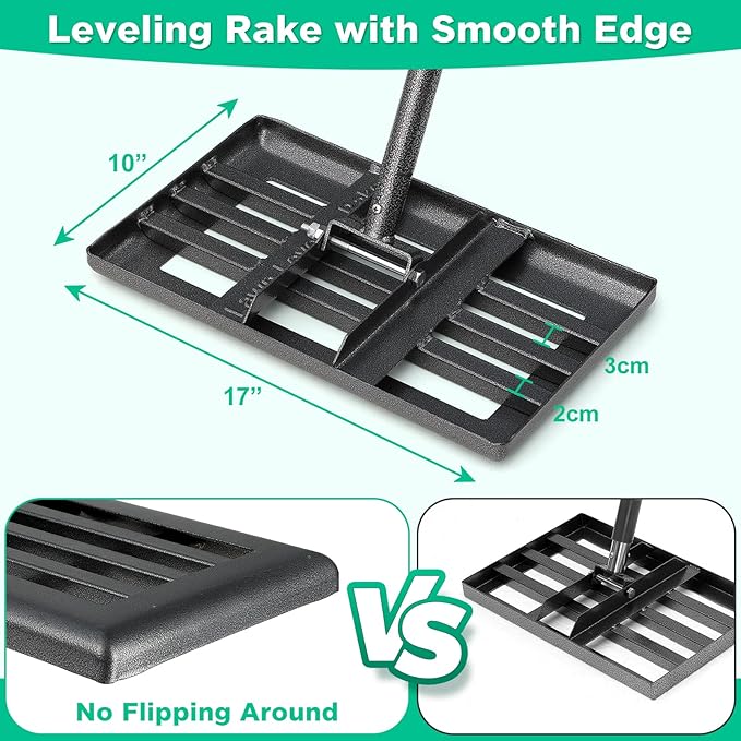 Lawn Leveling Rake with Smooth Eadge,Heavy Duty 17"x10" Lawn Leveling Rake with 6FT Adjustable Handle for Yard Garden Lawn Leveling, Soil Sand Spreading Dirt Top Dressing, Small Lawn Level Tool