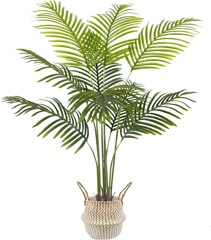 Artificial Palm Tree, 4ft Fake Areca Palm Plant with Basket, Tropical Faux Dypsis Lutescens Plants for Indoor Outdoor Home Office Shop Garden Décor