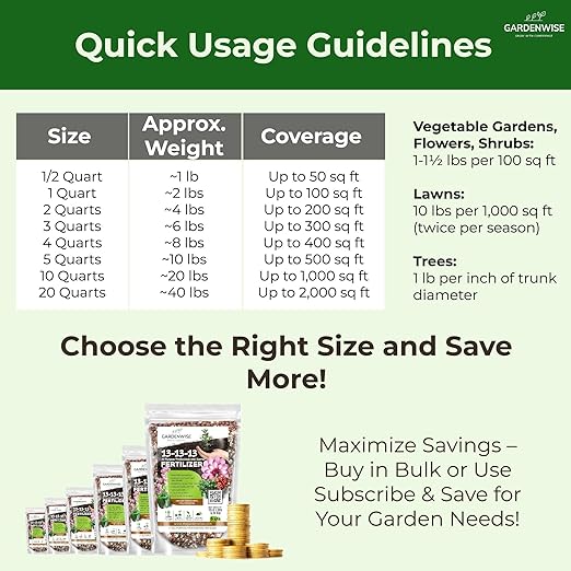 13-13-13 Slow Release Granular Fertilizer – All Purpose Plant Food 13 13 13 for Outdoor Grass, Vegetables, Roses, Flowers, Shrubs, Trees. Lawns, Gardens, Potted Plants (5 quarts)