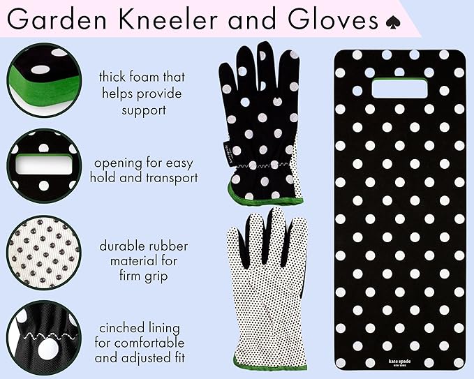 Kate Spade New York Garden Kneeler and Gardening Gloves for Women, Cute Garden Tool Set with Thick Kneeling Pad and Yard Gloves, Picture Dot