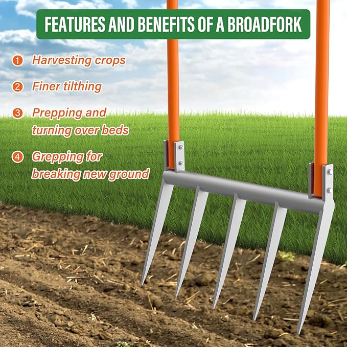 VASALAID Broadfork 5-Tine Broadforks for Gardening Ergonomic U-Shaped Design Heavy Duty Garden Fork for Gardening Cultivating Farm Garden Digging Crushing Aerate Soil