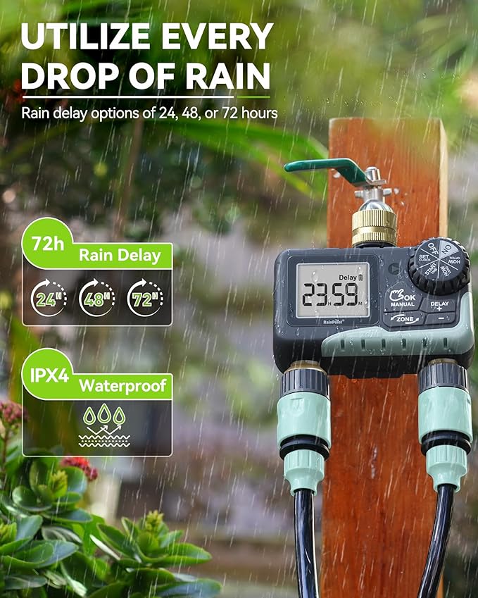 RAINPOINT 2 Zone Sprinkler Timer with Brass Inlet and Outlet - Water Timer for Garden Hose with Rain Delay/Manual Watering/Automatic Irrigation Controller System - Water Hose Timer for Yard Lawn