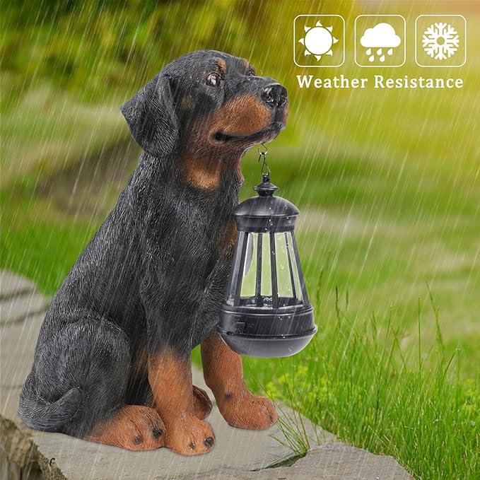 Garden Dog Statues Outdoor Decor, 13" Solar Powered LED Lights Outdoor Statue Garden Decorations Rottweiler Figurine for Patio, Lawn, Yard Art Decoration, Housewarming Garden Gift