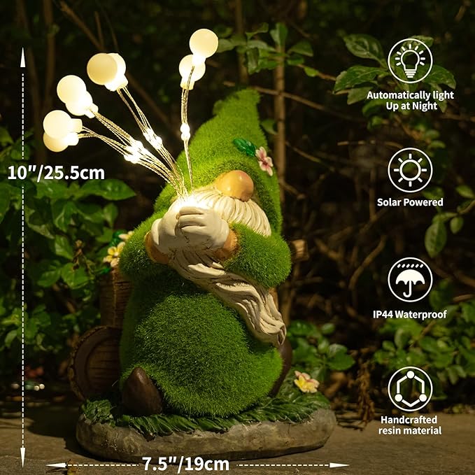 mopha Garden Gnomes Statues Outdoor Decor, Funny Solar Powered Fairy Firefly Lights Lawn Ornaments, Resin Figurines Outside Decoration Clearance Gardening Gift