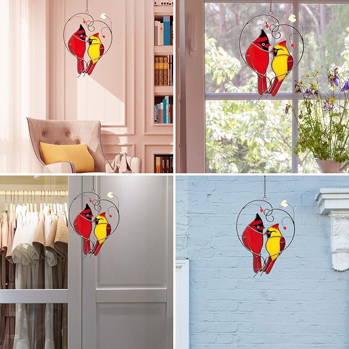 Cardinal Suncatchers Stained Glass for Windows Hangings,Male & Female Cardinal Stained Glass Sun Catchers,Stained Glass Red Love Birds Home Ornament,Gifts for Women