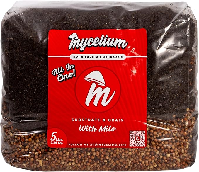 Mycelium's Superior Dung-Loving Mushroom Substrate & Milo Grain 5 LB All-in-One Bag – Organic Coco Coir, Vermiculite & Gypsum Formula, Pre-Sterilized & Ready for Easy Home Cultivation