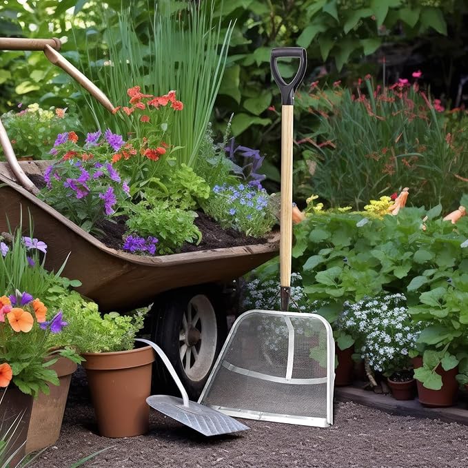 Leaking Soil Shovel Filter Stainless Steel Sieve 2mm Mesh Sifting Shovel with D Grip Wood Handle for Gardening Farm Chicken Coop and Goat Stall