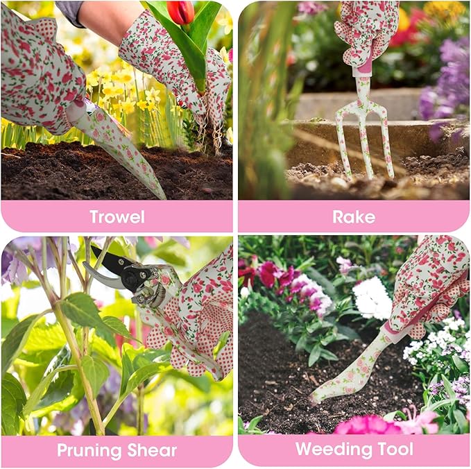 Gardening Tools for Women, 26 Pieces Garden Tools Set, Gardening Gift Set with Storage Bag, Gloves,Gardening Supplies- Butterfly Decors and Colorful Planting Tags Included