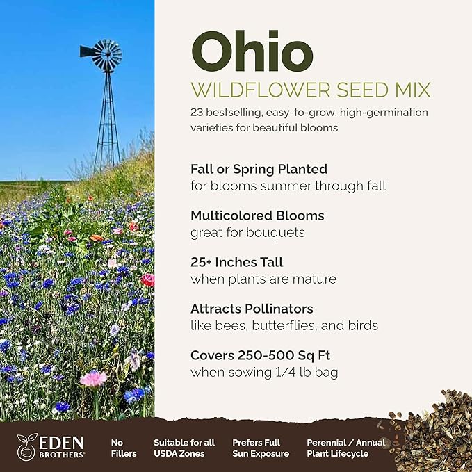Eden Brothers Ohio Wildflower Mixed Seeds for Planting, 1/4 lb, 120,000+ Seeds with Sweet William, Cornflower | Attracts Pollinators, Plant in Spring or Fall, Zones