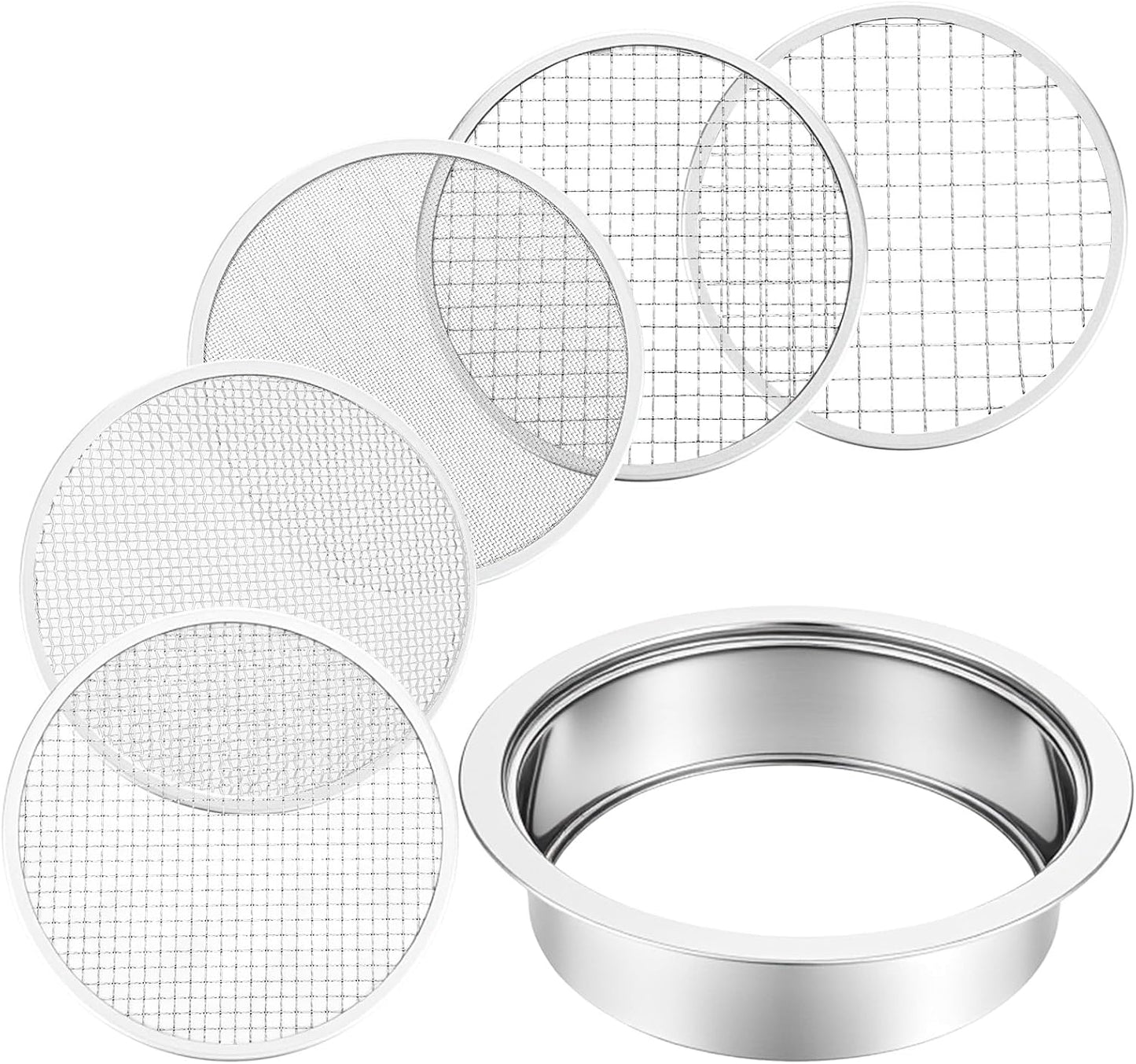 Multi-Purpose Soil Sifter for Gardening Stainless Steel 9.44”, 5 Pcs Stainless Steel Soil Sieve Mesh (1,3,6,9,12mm), Stackable Sifting Screen Pan for Bonsai Sand Rock Dirt Compost Sifter