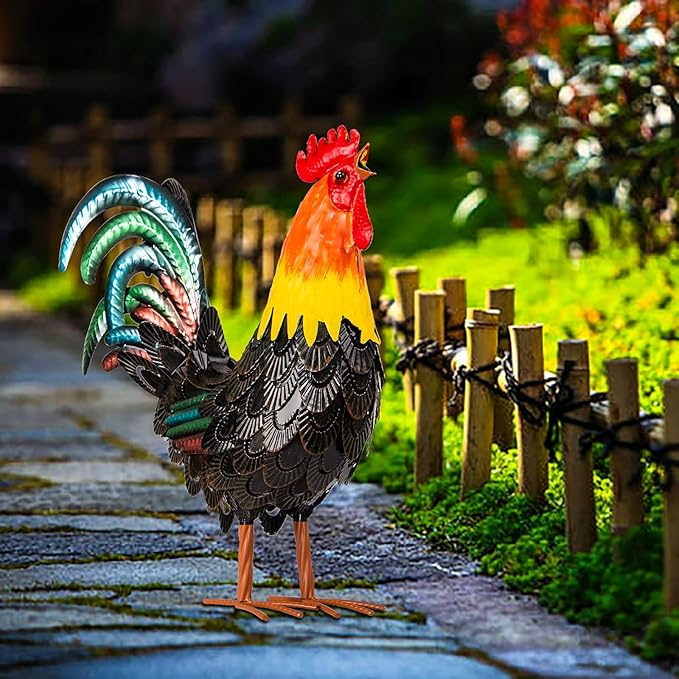 XONOR Metal Rooster Statues, Garden Chicken Decorations, Outdoor Chicken Sculpture, Metal Yard Rooster Artwork for Outdoor, Patio, Backyard and Home Kitchen Decoration (1pc, Dark Brown)