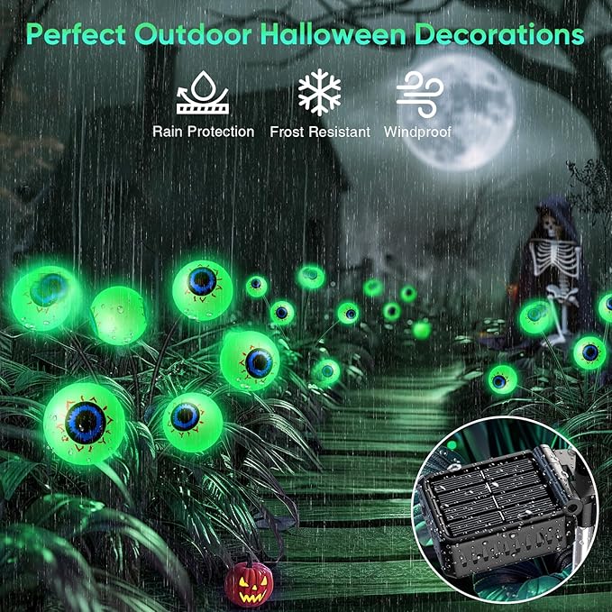 Halloween Solar Lights Outdoor: 4 Pack Upgraded 24 LED Scary Eyeball Lights for Garden Yard Lawn Pathway Landscape Decor, Green Outside Decorations