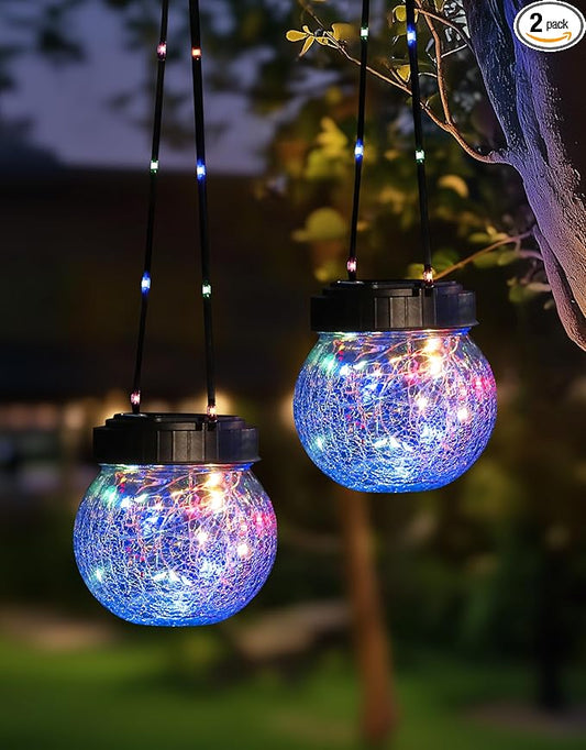 PARTPHONER Solar Lantern Solar Lights Outdoor Waterproof 2-Pack, Solar Powered Hanging Lights Cracked Glass Hanging Globes for Christmas Decoration, Shepherd Hook, Garden Tree Ornaments,Muiti-Color