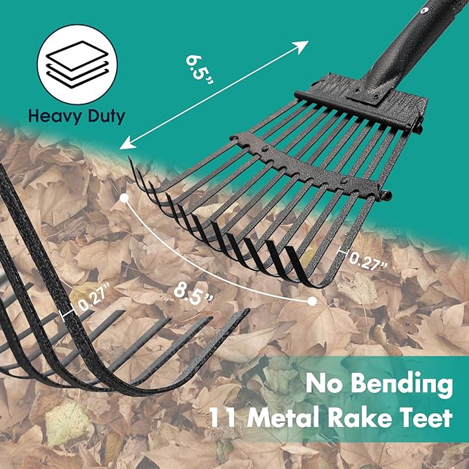 Rake, 73 Inch Long, 11 Tines Small Metal Garden Rake for Leaves, Heavy Duty 9 Inch Wide Rakes for Lawns, Yard Leaf Rake for Gardening , Flower Beds, Shrub, Kids Rake