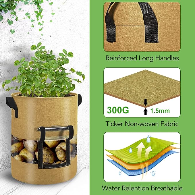Visible Strawberry Sweet Potato Grow Bags 7 Gallon with Flap Window 3-Pack, Heavy Duty Thickened Aeration Nonwoven Fabric Pots with Handles, Come with 3-Pcs Plant Labels&Lens Hoods