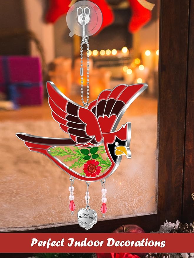 KY&BOSAM Happy Mother`s Day Cardinal Suncatcher Hand-Painted Garden Ornament Hanging Wind Chime with Pressed Flower Cardinal Embedded in Glass Gift for Mom Grandma Mother`s Day Gifts