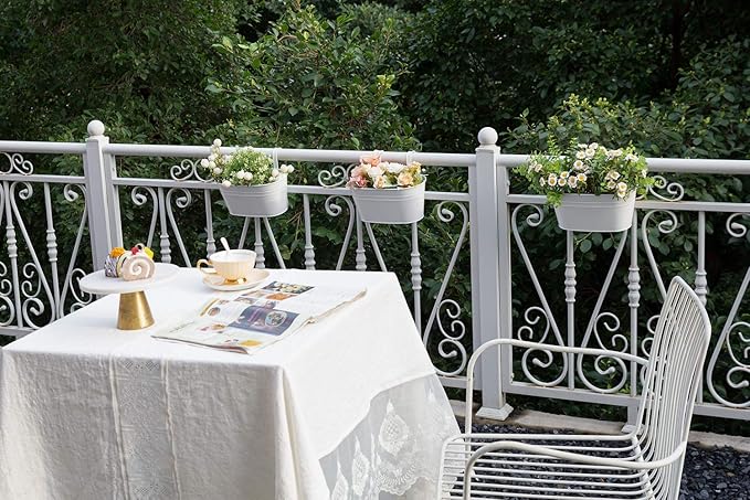 Dahey Metal Iron Hanging Flower Pots for Railing Fence Outdoor Planters Hanging Bucket Pots Countryside Style Window Flower Plant Holder with Detachable Hooks Home Decor,White,5 Pcs