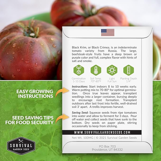 1 Pack Black Krim Tomato Seeds for Planting with Instructions to Grow Delicious Fresh Slicing Tomatoes in Your Home Vegetable Garden - Non-GMO Heirloom - Survival Garden Seeds