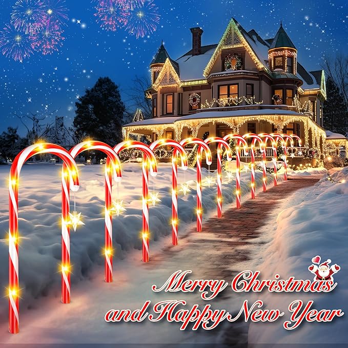 WdtPro Outdoor Christmas Decoration, 12 Pack 28.3FT Solar Powered 72 LED Christmas Candy Cane Lights with Stakes, 10 Lighting Modes Waterproof Christmas Lights Outside Decorations for Yard, Garden