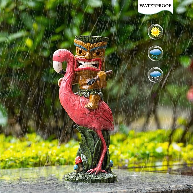 Solar Tiki Statue - Outdoor Statue - Solar Powered Garden Figurine Tiki Decoration for Bar, Patio, Balcony, Yard, Lawn, Table, Riding a Flamingo 13.66 Inches Tall