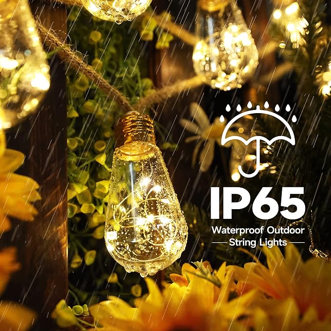 Solar Outdoor String Lights, 20Ft Vintage Rope Hemp Solar Patio Lights, Waterproof Warm White Solar Powered String Lights With 8 Modes 16 Shatterproof Bulbs for Garden Fence Stairs Balcony Café Bistro