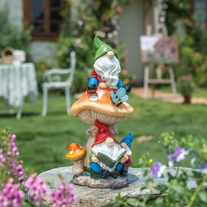TERESA'S COLLECTIONS Garden Gnomes Statues Decorations for Yard with Solar Lights, Resin Sculptures& Statues on Mushroom Reading Garden Outdoor for Patio Lawn Ornaments,Ideal Gifts for Mom, 12.6"