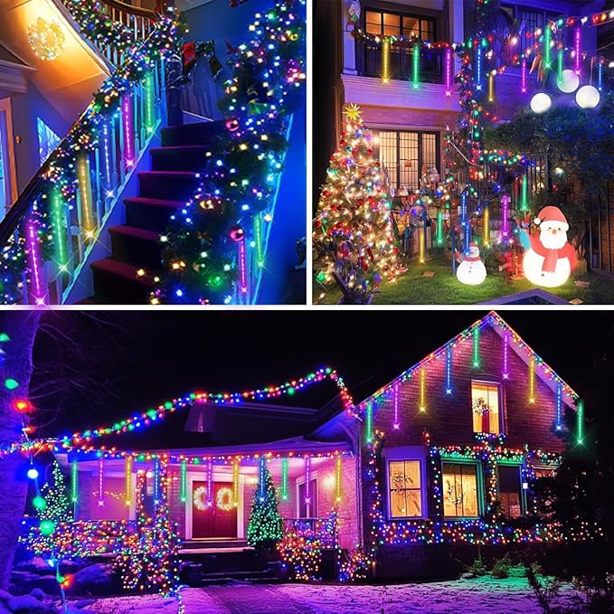 Aokudoni Christmas Lights 24 Tubes Meteor Shower Outdoor, Indoor Outside Decorations Icicle Snow Falling Rain for Tree Yard Party, UL Plug, Multi Color
