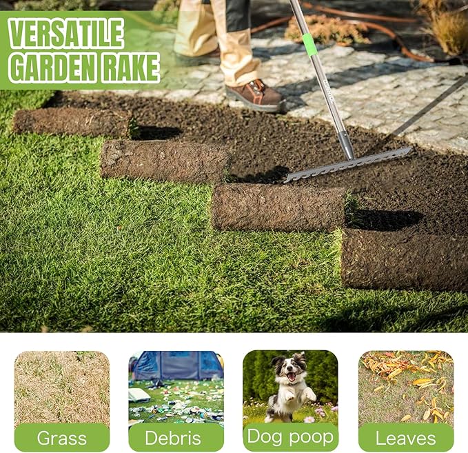 Joyhalo Rake for Leaves, 14 Tines Rakes for Gardening, Adjustable Length from 30.5 to 57 Inch Bow Rake, Metal Rake for Gardening, Rock Rake for Leveling, Loosening Soil