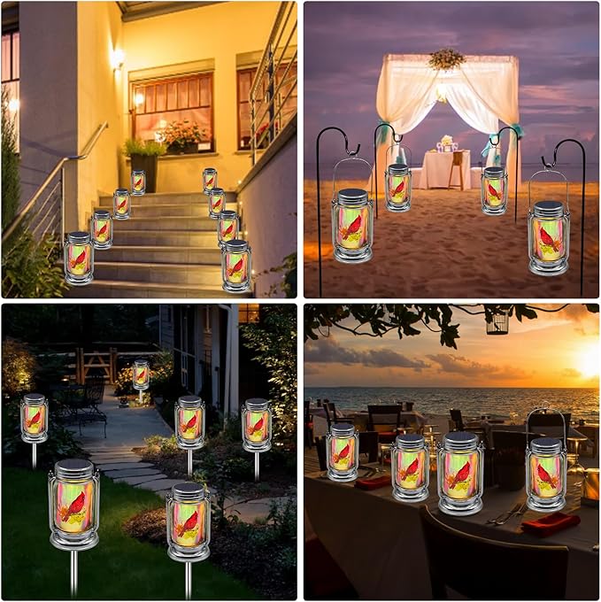 Outdoor Solar Cardinal Lantern-2 Pack Garden Hanging Red Bird Lanterns, Gifts for Mom Women Grandma,Silver Glass Mason Jars,Waterproof LED Decorative Lights for Patio Table Garden Pathway Yard