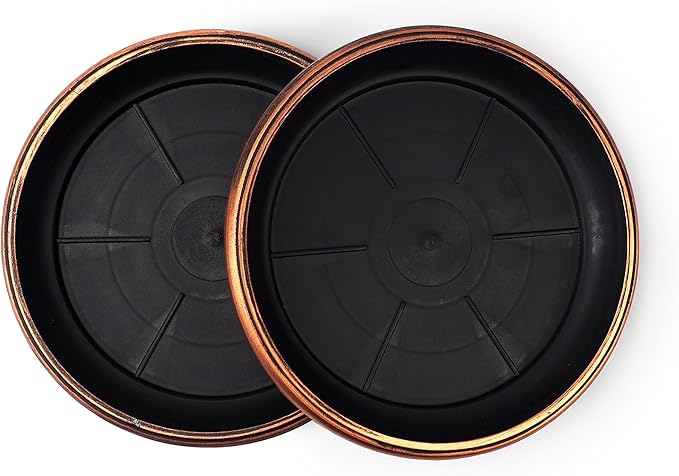 7" Decorative Heavy Duty Tray/Saucer (2 Pack) Rustic Medieval/French Country Look, Pot/Planter Base for Indoor/Outdoor Decor Use. Long Lasting, Reusable Light Weight (7 inches, Copper)