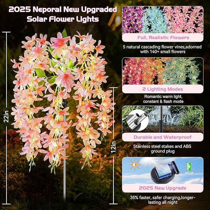 Neporal Solar Flowers Outdoor Waterproof IP65, 5 Lilac Flower Vines with 140+ Flowers, Warm Light & 2 Lightning Modes, 6PK Blue/Pink/Purple Solar Garden Lights Outdoor for Garden, Yard, Pathway Decor