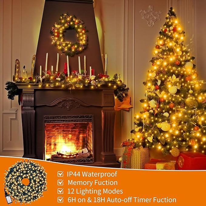 Christmas Tree Light 200 LEDs 73ft Green Cable Wire Fairy String Twinkle Lights Plug in 12 Modes for Xmas Party, Indoor, Outdoor, Garden, Wedding, Home Decoration (Warm White)