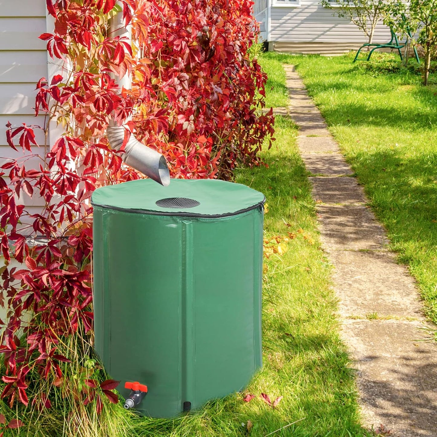 Collapsible Rain Barrel, 50 Gallon Portable Rainwater Collection System, Rain Catcher Barrel with Volume Scale Mark, Spigots and Overflow Kit, Rain Water Barrel Collector for Garden, Green