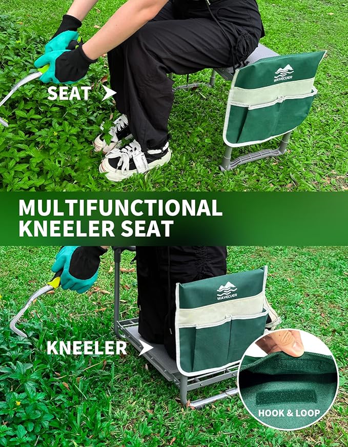 Garden Kneeler and Seat, Foldable Garden Stool 10.2" Width, Heavy Duty Knee Seat for Gardening with 2 Tool Pouches & Gloves, Gardening Accessories for Women, Grandparents, Seniors (Green)