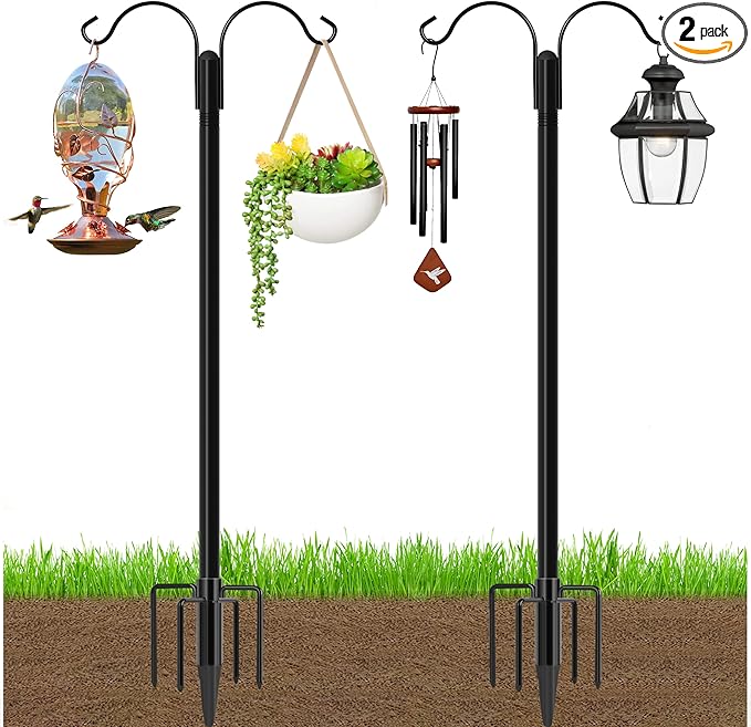 Ottsuls Bird Feeder Pole, 2 Pack 60 INCH Double Shepherds Hooks for Outdoor, with 5 Base Prongs Heavy Duty Tall Garden Planter Hooks for Hanging Flower Basket, Lantern, Hummingbird Feeder