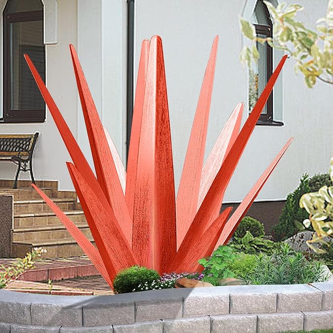 Enlarge Metal Plants Tequila Rustic Sculpture, Outdoor Patio Yard, Home Decor Hand Painted Agave Garden Statue, Outdoor Lawn Ornaments Yard Stakes for Mom Gift (1 RED Large)