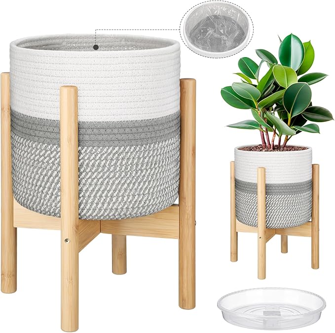 Plant Basket with Stand Indoor Planter Pot Holder Sturdy Jute Rope Modern Woven Basket, Cotton Rope Woven Pot with Bamboo Stand(10 Inch,White and Gray)