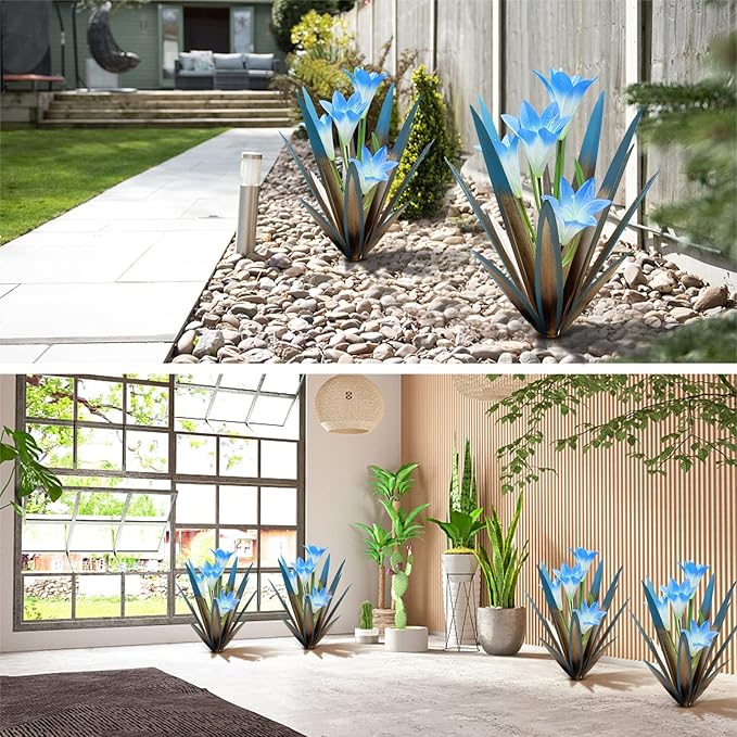 Homight Metal Agave Plants Outdoor Decor Mexican Yard Art Plants Garden Decor for Outside Metal Art Flowers Gifts for Butterflies Bees Birds for Gifts (2 Big&Lily)