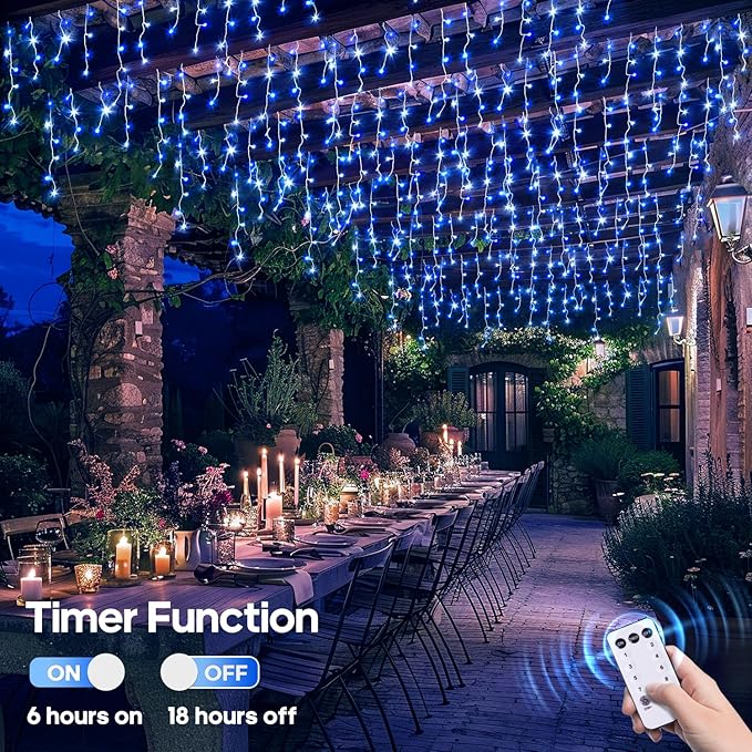 JMEXSUSS Blue&White Icicle Lights Indoor Outdoor, 38.8FT 400 LED Icicle Christmas Lights for Outside, Icicle String Lights with Remote for House Bedroom Fireplace Birthday Party Christmas Decorations
