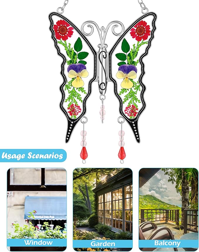 KY&BOSAM Butterfly Suncatcher DIY Gifts for Mom Ornament for Window Pressed Flower Between Wings Glass Metal Engraved No Charm Gifts for Mom Mother's Day Valentine's Birthday Thanksgiving Christmas