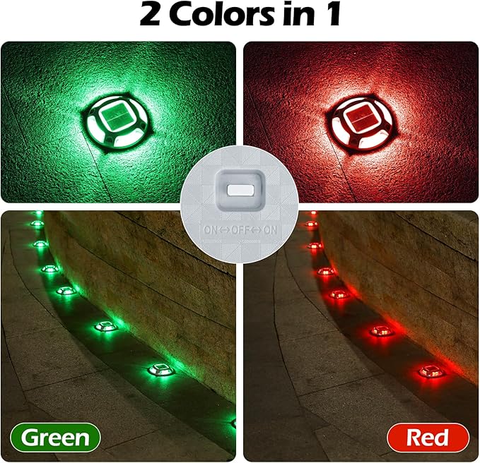 AGPTEK Solar Driveway Lights Outdoor 12 Pack, 2 Color Modes LED Deck Dock Marine Waterproof Security Marker Lights for Step Sidewalk Stair Garden Pathway Walkway Yard(Green/Red)